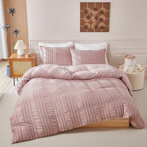 Gezu Seersucker Bettwäsche135x200cm Rose Getuftet Streifen Geprägt Streifen Bettwaren-Sets Weich Gebürstet Modern Romantisch Bettwäsche Sommer 2Teilig Bettbezug mit Reißverschluss und Kissenbezug80x80