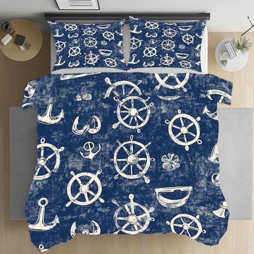 Dpvbffx Nautisch Anker Bettwäsche Sets 3 Teiliges, 2 Kissenbezug 80x80 cm, Abenteuer Modern Bettbezüge mit Reissverschluss, Malerei Schmücken Bettdeckenbezug Mikrofaser 200x200 cm
