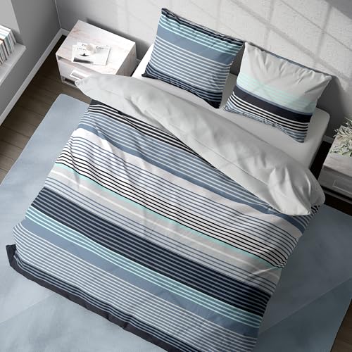 DILIOS Premium Bettwäsche 135x200 – 100% Baumwolle, ÖKO-TEX Zertifiziert, Renforcé, Atmungsaktiv & Antiallergisch, mit Reißverschluss, 2teilig – Bettbezug + Kissenbezug 80x80, Türkisblau, Grau