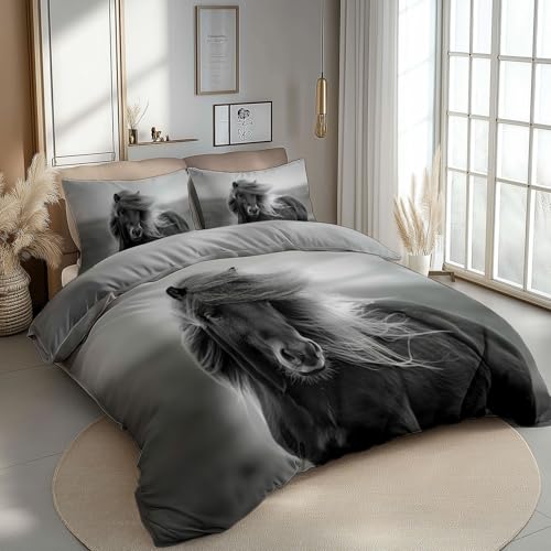Bettwäsche 180 x 200 cm Tiere Zotteliges Pferd Bettwäsche-Sets mit Reißverschluss Grau Reversible Bettbezug Weich Mikrofaser Bettbezug Set mit Kissenbezug Für Kinder Erwachsener