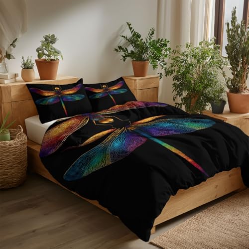 Generisch Zart Vintage Tiere Bunte Libellen Wende Bedruckte Bettbezug - atmungsaktiver Schwarz Deckenbezug mit Reißverschluss - 135 x 200 cm Bettwäsche-Sets Ultraweicher