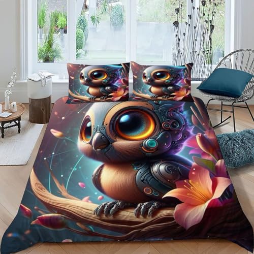 SOBKLIDE Mechanical Eule Bettwäsche-Sets 3 Teilig Für Jungen Und Mädchen 3D-Digitaldruck Netter Druck Weiche Mikrofaser Mit Reißverschluss Und Kissenbezug König?220x240cm?