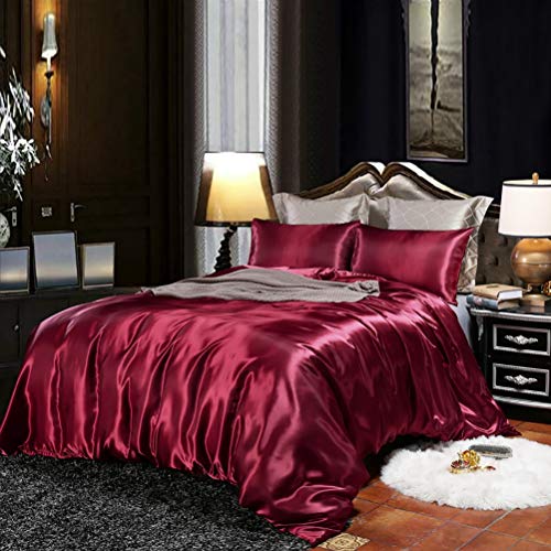 TINE Bettwäsche Set Satin Seidenbettwäsche Set 2/3-teiliges Bettbezug Set Con Kissenbezug mit Reißverschluss Schließung Bettwäsche Vier Jahreszeiten zur Verfügung, Weinrote Farbe,Twin