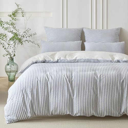 SOULFUL Bettwäsche 135x200 Baumwolle Gestreift, Jacquard Gewaschene Baumwolle Boho Bettwäsche-Sets Atmungsaktiv Öko-Tex 100 Zertifiziert-Denim Blau