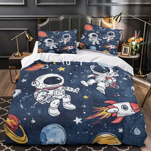 CNWRZCJXY Astronauten im Weltraum 3D Bedruckt Bettbezug 3teilig Mikrofaser hautfreundlich Cartoon-Weltraumabenteuer Deckenbezug 2 Kissenbezüge Reißverschluss Kinderzimmer Deko Single (135x200cm)