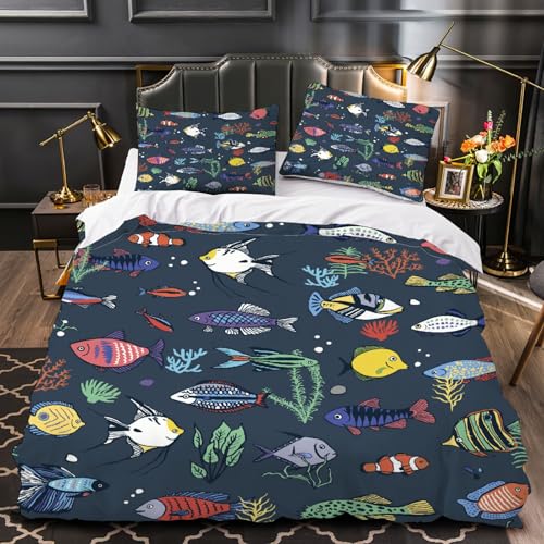 RFFLUX 3D Fisch Bettwäsche Set 135x200 cm 2teilig Weiche und Angenehme Microfaser Bettwäsche Ozean Fische Bettbezug Kinderbettwäsche mit Kissenbezug 80x80 cm?Stil 60-7?
