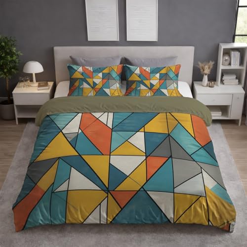 Bettwäsche 140x200 Set - Mikrofaser Bettbezug 140x200 cm mit 1 Kissenbezug 80x80 cm, Wendebettwäsche, ultraweich und hautfreundlich, Türkis, Modern Geometrisch Dreieck