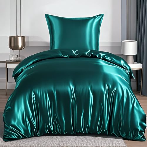 RUIKASI Satin Bettwäsche 135x200 Grün - Luxus Bettbezug mit Glanz wie Seiden Bettwäsche Set Dunkelgrün für Haar und Haut, Glänzend Bettwäsche 135x200cm mit Reißverschluss und Kissenbezug 80x80cm