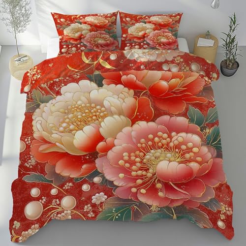 Meugesoi Orientalisch Aesthetic Bettbezug 135x200 cm mit 2 Kissenbezüge 80x80 cm, Perle Pfingstrose Bettwäsche 3-Teilig mit Reißverschluss Bügelfrei, Bettwäsche Set Mikrofaser Weich
