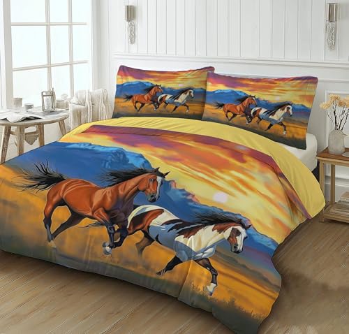 CEDNXOER Bettwäsche 135x200cm,2 Teilig Berge Tiere bettwäsche Sets aus Mikrofaser, Pferd Bettzeug, 3D Druck Bettbezug mit Reißverschlus + 1 er Kissenbezug 80x80 Für Kinder Jungen