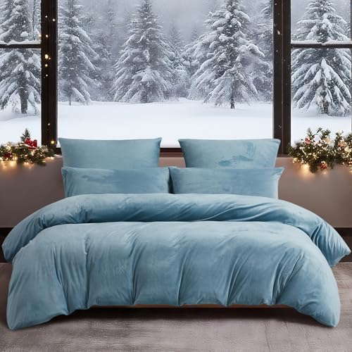 YASMENG Winter Bettwäsche 135x200 4teilig Hellblau Warm Kuschelig Flauschige Bettwäsche Winter Weich Samt Plüsch Fleece Flanell Bettbezug Set Geschenk mit Reißverschluss und 2 Kissenbezüge 80x80 cm