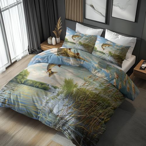 Generisch Bettwäsche Fische Tier 135x200, Hecht Fisch Jagd und Angeln Motiv Wendebettwäsche & Deko, Weiche Microfaser Bettbezug mit Reißverschluss und 1 Kissenbezug 80x80, 2tlg - ASD10040