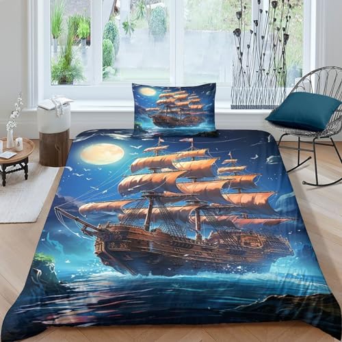 OPSREY Pirate Ship Duvet Cover Set Kissenbezug Verstecktes Scharnier Bettbezug Baumwolle Boot Bettwäsche Set Wärme Zum Schlafen Steppdeckenbezug Single?135x200cm?