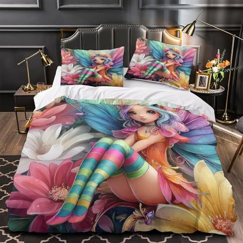 RJAVAGFZL Fantasy-Feenmädchen 3D-Druck 3er-Set Bettbezug Farbenfroher Fantasy Steppbezug Mikrofaser Atmungsaktiv Reißverschluss für Kleinkinder Mädchen Frauen Single?140x200cm?