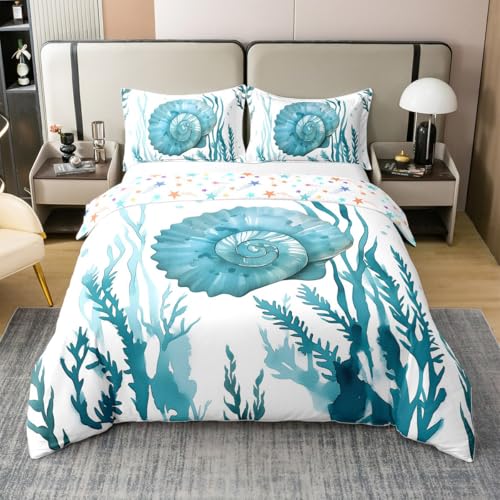 Loussiesd Ozean 100% Baumwolle Bettwäsche Set 135x200cm Muscheln Bettbezug Set für Kinder Mädchen Jungs Strand Küste Betten Set Meeresleben Meer Bettwäsche-Set Meer Blau