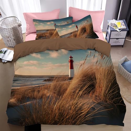 WunM Studio Bettwäsche 135 * 200cm Kurkuma Leuchtturm Herzen Bettbezug 3 teilig Microfaser Rot Weiss Realistische natürliche Schönheit Bettwäsche Set und Kissenbezug 80x80 cm Reißverschluss