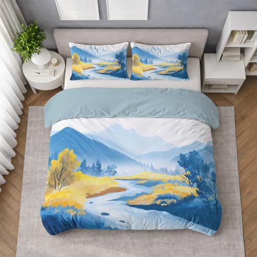 Königsblau Kuschel Bettwäsche 200 x 200 cm - Landhaus Gebirgsfluss Friedlich Pflegeleichten Mikrofaser Langlebig Hochwertige Verarbeitung Bettbezug mit 2 Kissenbezüge für Kinder Jungen Mädchen