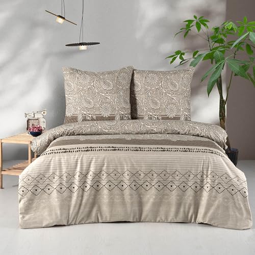 Bettwäsche 200x220 Braun 3-teilig Baumwolle Bettbezug Warm - Kuschelig Kissenbezug Boho-Stil mit Paisley, Blatt, Geometrisch Muster Bettwäsche-Set Beige, Braun, Weiß, Gestreift & Geblümt, Mahfer