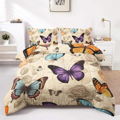 HOTRCR 3-teiliges Schmetterling-Bettwäsche -Set, elegantes Bettwäsche-Set für Mädchen und Erwachsene, Schlafzimmer- oder Raumdekoration, Ganzjahresdecke, Mikrofaser-Steppdecke mit 2 Kissenbezügen für