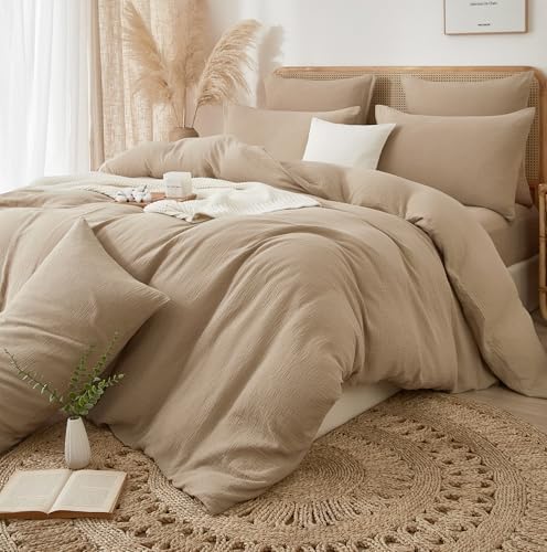 DXHOME Bettwäsche 200x200 Muslin Khaki Bettwäsche Baumwolle Sommer Wendebettwäsche Atmungsaktiv Kühlende Bettbezug mit Reißverschluss und 2 Kissenbezüge 80 x 80cm