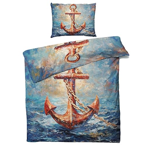 MOBEITI Anker Bettwäsche 135x200, Maritim Ankermotiv Wendebettwäsche, Weiche Kuschelige Mikrofaser Bettbezug Set 2teilig, 1 Kissenbezug 80x80, mit Reißverschluss