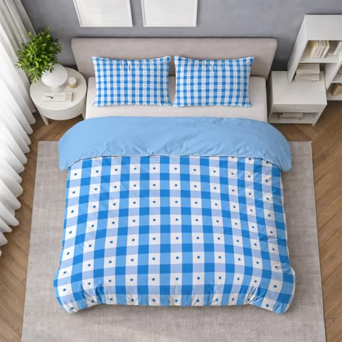 Generisch Traumhaft weiches Bettwäsche 140 x 200 cm, Kariert Punkte Verspielt Langlebig Maschinenwaschbar Bettwäsche Set mit Wendemotiv für Spielzimmer, Himmelblau, 2 teilig mit Kissenbezug