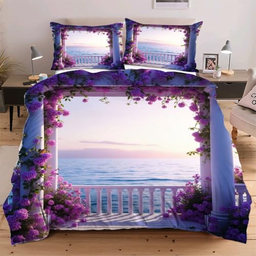 Dozrmey Bettwäsche 135x200 Mikrofaser 3 Teilig Blumen und Meer, Mikrofaser Kinderbettwäsche Set Jungen Mädchen Einzelbett Bettwäsche - 1 Bettbezüge 135x200 cm+ 2 Kissenbezug 80x80 cm D377