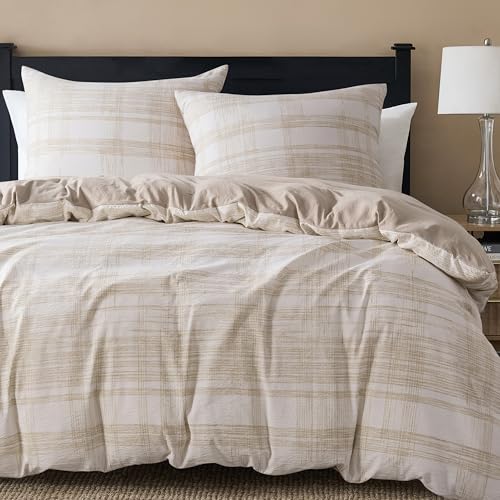 R.SHARE Bettwäsche Set 3teilig, 1 Bettbezug 200 x 200 mit 2 Kissenbezüge 80x80 cm, Kuschel Bettwäsche Schleifen Muster mit Reißverschluss ÖKO-TEX Bedding, Beige Kariert