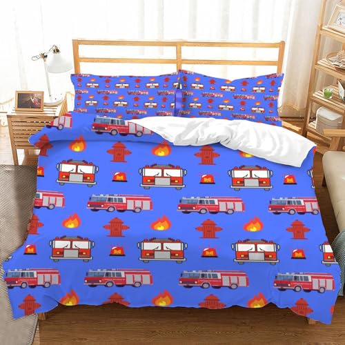 Hongduo 3D Rotes Feuerwehrauto Bettwäsche Set 155x220 cm Weich Mikrofaser Feuerwehr Bettwäsche-Sets mit Reißverschluss 3 Teilig Bettbezug mit 2 Kissenbezug 80x80 cm
