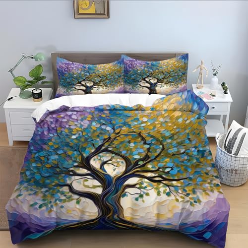 Bettwäsche 220x240 für Baum,Golden Bettwäsche Set 3 Teilig, Mikrofaser Bettbezug 220x240, Bettbezüge mit Reißverschluss Schließung und 2 Kissenbezug 80x80 cm-Goldene Blätter A481