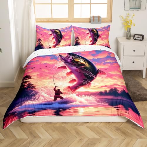 Homemissing Angel-Bettwäsche-Set für Einzelbett, Hechtfisch, Bettbezug-Set für Kinder, Jungen, Mädchen, Schlafzimmer, Bettdekoration, Angeln und Jagd, Bettdeckenbezug, Angelthema, Bettbezug für alle