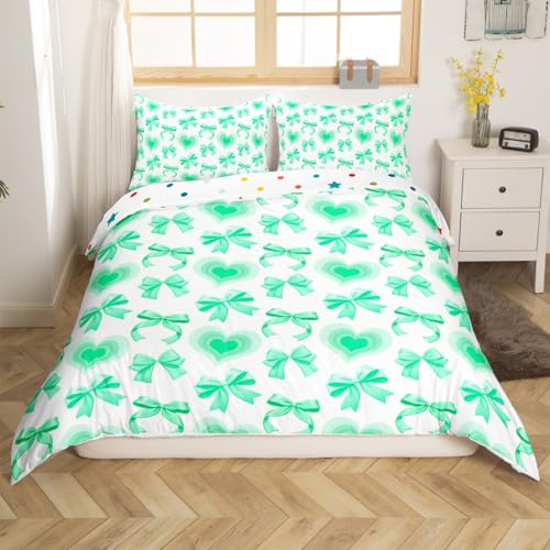 feelingyou Nette grüne Bowknot Bettbezug Set S Größe, schöne Bogen Liebe Herz Druck Reversible Tröster Abdeckung (Nicht Tröster), romantische süße Prinzessin Stil Polyester Bettwäsche Set, 2 Pcs