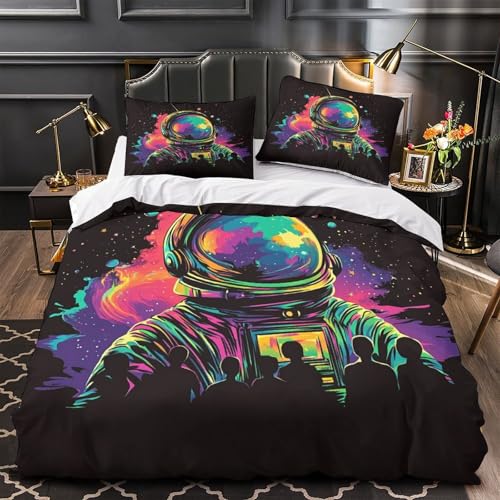 WLASDBOCP Weltraum-Astronaut 3D Bedruckt Bettbezug 3teilig Mikrofaser pflegeleicht lebendiger Pop Deckenbezug 2 Kissenbezüge versteckter Reißverschluss Paare Familie Single (135x200cm)