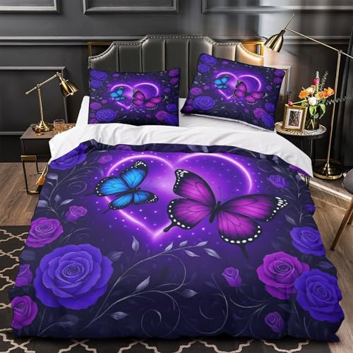 3D-Druck Bettdeckenbezug aus Mikrofaser, schmutzabweisend, Fantasy-Schmetterling-Des ign, Bettbezug, 2 Kissenbezüge, Reißverschluss, Bettwäsche für Erwachsene und Familien, Einzelbett (140 x 200 cm)