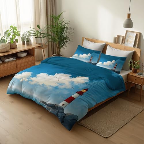 CozyRest Bettbezug 3teilig Bettwäsche Set- Farbecht Bettwäsche-Sets 180 x 200 cm mit 2 Kissenbezüge 80x80 cm, Wendebettwäsche Bedding Leuchtturm Blauer Himmel Weiße Wolken Thema mit Reißverschluss