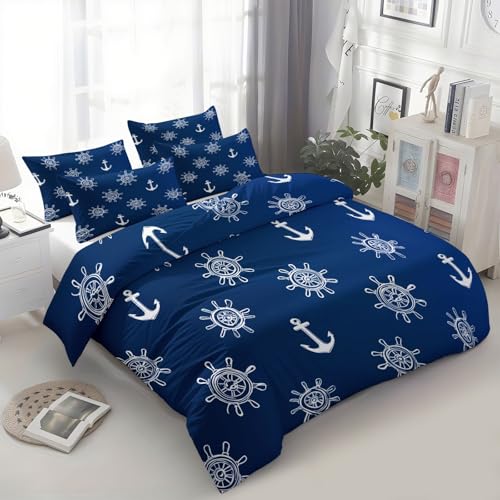 Bettwäsche 180 x 200 cm Mehrfarbig - Bettwäsche Set 3 Teilig für Erwachsene Kinder 3D Effekt Modern Nautisch Anker Ruder - Weiche Mikrofaser Bettbezug mit Reißverschluss + 2 Kissenbezug 80 x 80 cm