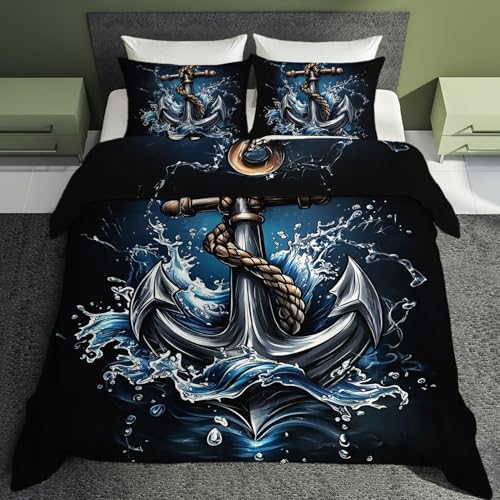 Luxfieo Nautisch Deko - Nautisch Bettwäsche 200x200 Winter, Anchor Maritim Meer Bettbezug 3teilig mit 2 Kissenbezug 80x80, Weiche Mikrofaser Winterbettwäsche mit Reißverschluss T&*187