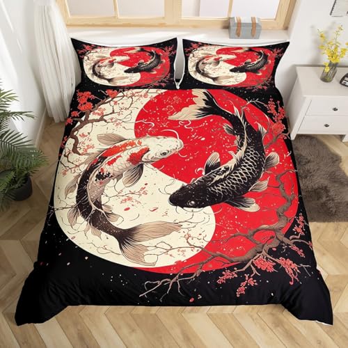 Homewish Japanische Koi Fisch Tröster Abdeckung Yin Yang Thema Bettwäsche Set 135x200 für Kinder Mädchen Frauen,Rote Kirschblüte Gossip Koi Bettbezug Chinesische Taiji Tagesdecke Schwarz Weiß Rot