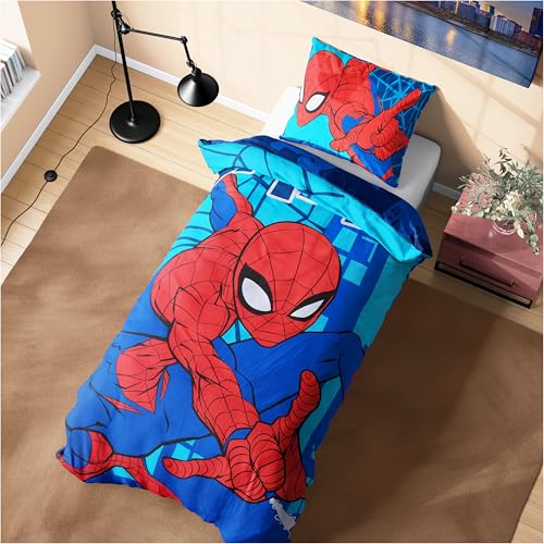 Marvel Spiderman Bettbezug Set für Jungen & Teenager, Kinder Bettwäsche 135x200 cm (Blauer Spiderman)