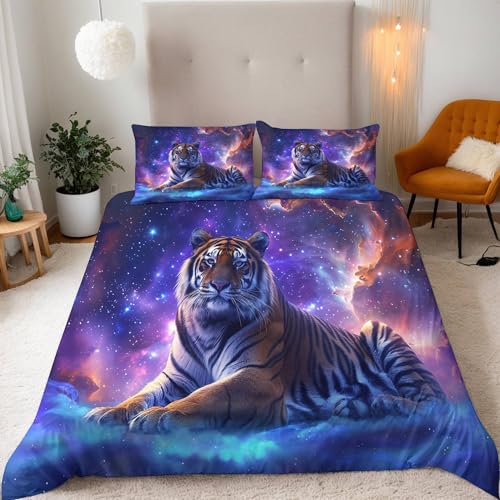 Tiger, Tiere Bettwäsche 220X240Cm Kinder Junge Mädchen 3D Effekt Bettbezug Jugendliche Bettwäsche-Set Mikrofaser Bettbezug Mit Reißverschluss Und 2 Kissenbezug 80X80Cm