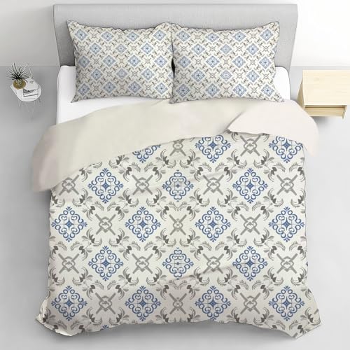 TDNEKMCA Bettwäsche 155x220cm Microfaser 3teilig - Bettwäsche-Sets Blaugrau Bettbezug mit 2 Kissenbezüge 80x80 cm, Wendebettwäsche Bedding Symmetrisches Muster Elegant Muster mit Reißverschluss