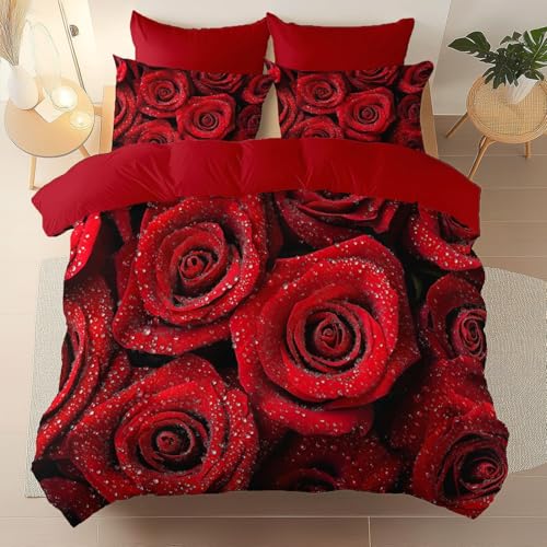Bettbezug 3D Druck Elegante Rose Taufotografie Mit 2 Kissenbezug Bettwäsche Set,Mit Reißverschluss Rot Atmungsaktive Mikrofaser,3 teiliges Set Für Männer Frauen 240 x 220 cm