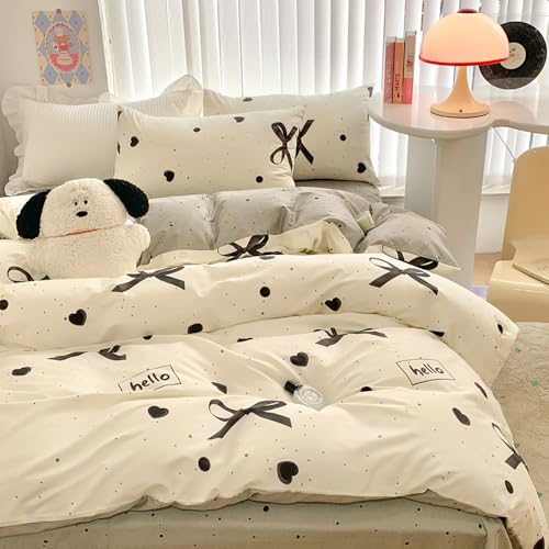 Covebett Bettwäsche 135x200 Mädchen Beige mit Schwarz Schleifen Herzen Bettbezug 2teilig Aesthetic Kawaii Schleifenmuster Renforcé Microfaser Deckenbezug mit Reißverschluss und Kissenbezug 80x80cm