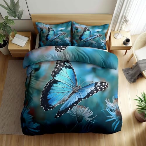 Bettwäsche 180 x 200 cm Türkis Bettbezüge, Fantasy Blau Schmetterling Blumen Weich Bettwäsche Kinder Jugendliche Bettwäsche-Sets Mikrofaser Bettbezüge mit Reißverschluss Warme und Bügelfrei