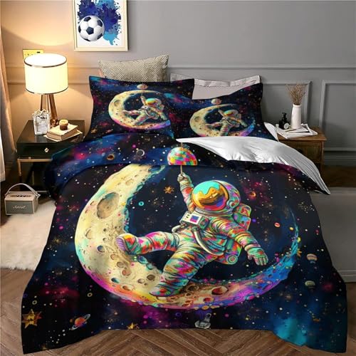 XJmoney Cartoon Astronaut Bettbezug Set Bettwäsche Set Kinderbettwäsche Reißverschluss Mit Kissenbezug Betten Set Für Jungen Und Mädchen, Kinder Single?135x200cm?