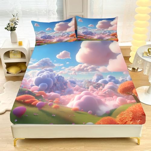 Kleines Doppelbett-Spannbettlaken ,Blau Bunte Wolken Weich, Gemütlich, 3-teiliges Mikrofaser-Bettwäsche-Se t mit Tiefer Tasche, 30 cm, 120 x 190 cm, Inklusive 2 Kissenbezügen L20