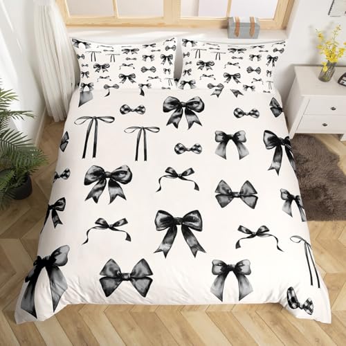 Homewish Bettbezug Schwarze Fliege Bettwäsche Set 135x200 Nette Aquarell Bowknot Bett Set Cartoon Bow Bettbezug für Kinder Teen Erwachsene, Schwarz Grau Beige Einfache Ästhetik Zimmer Dekor