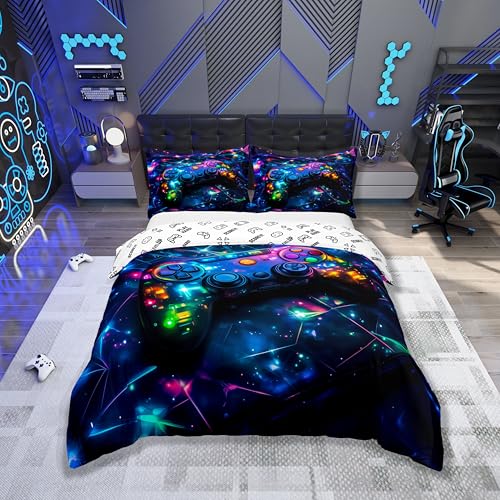 Loussiesd Kinder Gamer Spiele Bettwäsche Set 135x200cm Galaxy Gaming Betten Glitter Game Bettbezug Atmungsaktiv Mädchen Jungs Gamepad Teens Bettwäsche-Set mit 1 Kissenbezug