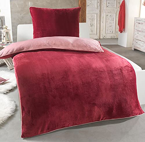 DreamHome Winter Wende Plüsch Bettwäsche 135x200 Nicky Teddy Cashmere Touch Coral Fleece Bettdezug + Kissenbezug 80x80, Farbe:Weinrot Altrosa