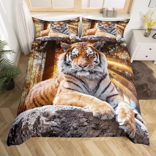 Tiger Bettwäsche 135x200 Kinder Wilde Tiere Bettbezug 3D Weiche Mikrofaser 3 Teilig Bettwäsche-Sets mit Reißverschluss und 2 Kissenbezüge 80x80 cm E.2498